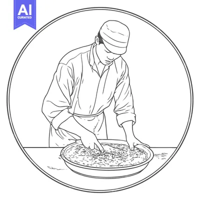 Monochrome Line Art of Chef Mixing Ingredients in Large Bowl, Framed C