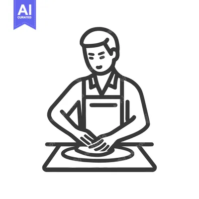 Minimalist Line Art Icon: Person Crafting Pottery on Wheel, Emphasizin