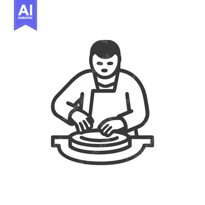 Artisan Crafting Ceramics on Pottery Wheel, Minimalist Line Art Icon