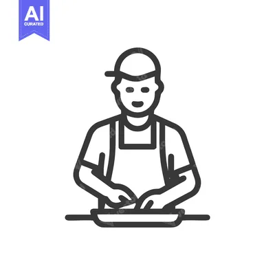 Aset desain premium: Minimalist Line Art Icon of Chef Preparing Food, Wearing Apron and Cap