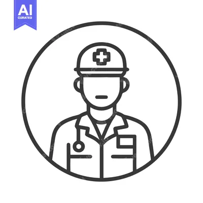 Aset desain premium: Minimalist Line Art Icon of Medical Professional in Hard Hat with Stet