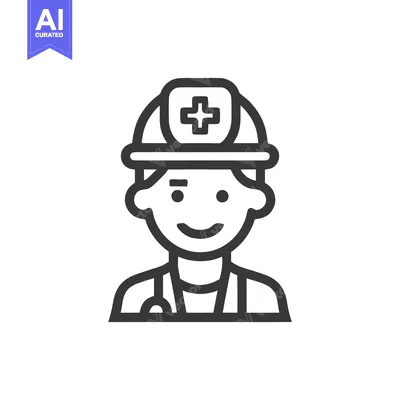 Smiling Medical Professional Line Icon with Stethoscope and Cross Helm