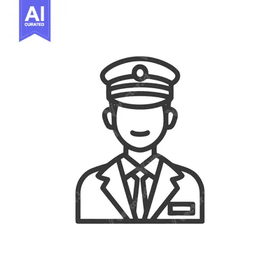 Popular premium asset: Line Art Icon of Smiling Man in Formal Uniform with Peaked Cap and Tie