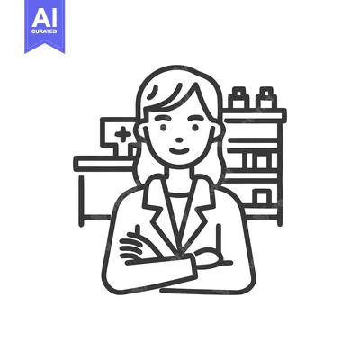 Aset desain premium: Professional Female Pharmacist Line Art Icon with Arms Crossed and Pha