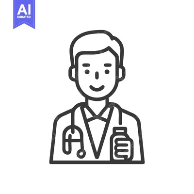 Premium design asset: Friendly Male Doctor Line Art Icon with Stethoscope and Medicine Bottl