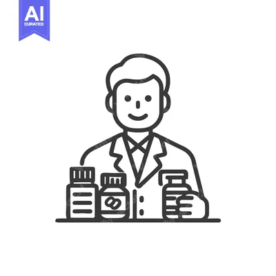 Smiling Healthcare Professional Icon with Medicine Bottles in Minimali