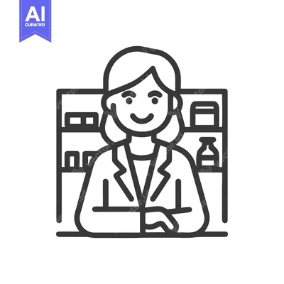 Smiling Female Pharmacist Icon with Pharmacy Shelves Line Art