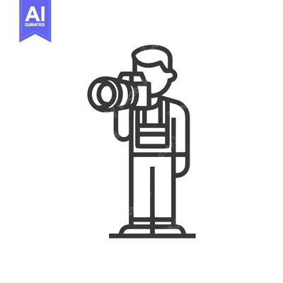 Aset premium populer: Clean Line Art Icon of a Photographer with a Large Lens Camera, Ready