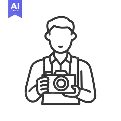 Minimalist Line Art Icon of Photographer Holding Camera; Simple Vector