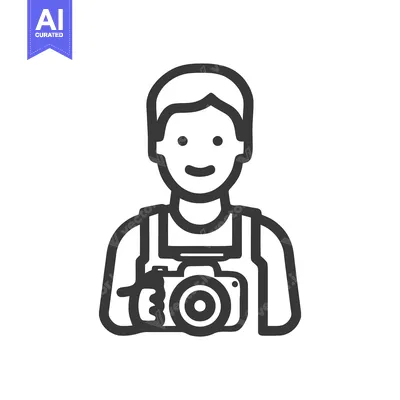 Aset desain premium: Happy Photographer Line Art Icon with Camera, Simple Vector Illustrati