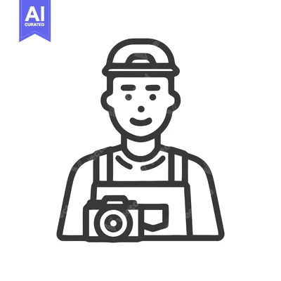 Premium design asset: Smiling Line Art Photographer Icon with Cap and Camera, Minimalist Vec