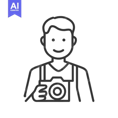 Clean Line Art Icon of Smiling Person Holding Camera, Representing Pho