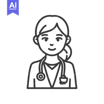 Aset desain premium: Friendly Minimalist Line Art Icon of Smiling Female Doctor with Stetho
