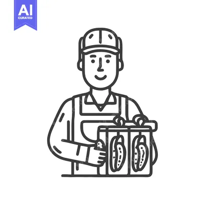 Friendly Delivery Man Icon with Box of Pickles, Outline Vector Illustr