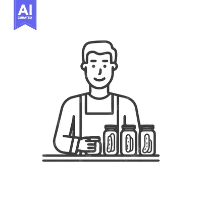 Smiling Man in Apron with Jars of Pickled Cucumbers, Minimalist Line A