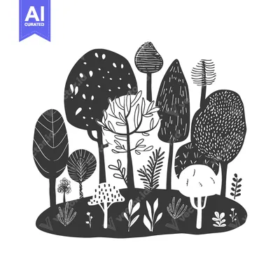 Aset premium populer: A Black and White Illustration of a Grove of Stylized Trees