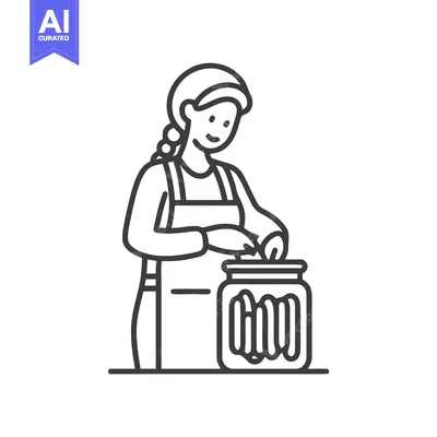Smiling Woman Canning Food in Jar Line Art Icon, Home Preservation Act