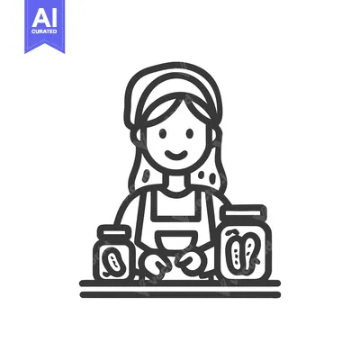 Minimalist Line Art Icon of Smiling Woman Canning Homemade Pickled Veg