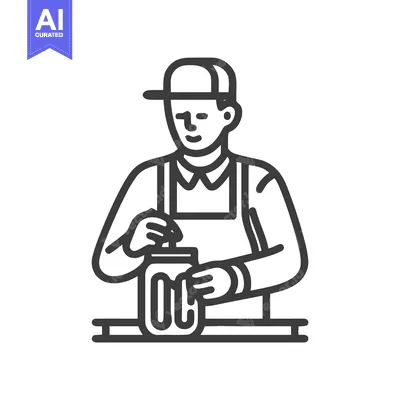 Clean Line Art Icon of Person in Apron & Cap Preparing Jar, Food Servi