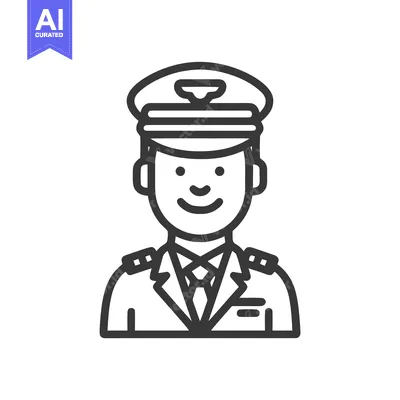 Aset desain premium: Smiling Male Pilot Line Art Icon in Uniform, Professional Aviation Sym
