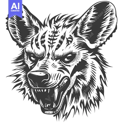 A Black and White Illustration of a Growling Hyena Head