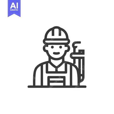 Aset premium populer: Smiling Construction Worker Line Icon with Hard Hat and Tool, Minimali