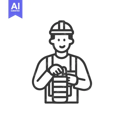 Smiling Line Art Worker in Hard Hat Holding Industrial Component Icon
