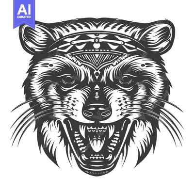 Popular premium asset: A Black and White Illustration of a Growling Raccoon Head with Tribal
