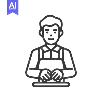 Aset desain premium: Smiling Male Chef or Artisan Icon, Minimalist Line Art, Hands on Count