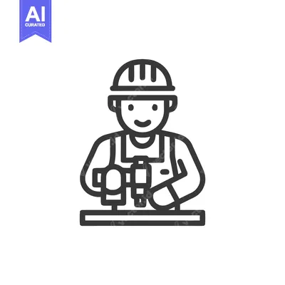 Aset desain premium: Smiling Construction Worker Icon with Drill, Professional Builder Line