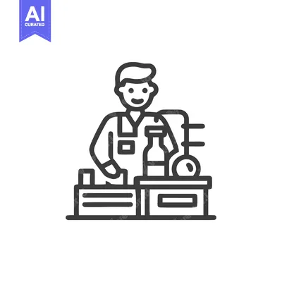 Smiling Male Worker Operating Bottling Machine Line Art Icon