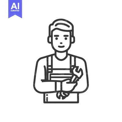 Aset premium populer: Line Art Male Mechanic Icon in Overalls Holding Wrench, Professional H