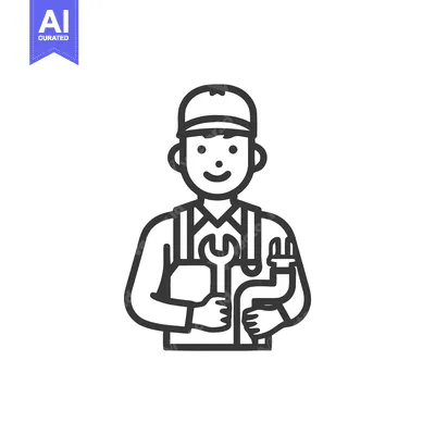 Aset premium populer: Friendly Plumber Icon with Wrench and Pipe, Minimalist Line Art Vector