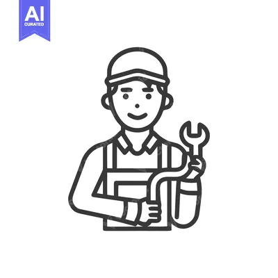 Friendly Mechanic Icon Holding Wrench in Simple Line Art Style