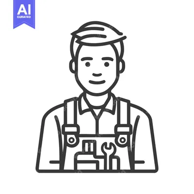Aset desain premium: Smiling Male Mechanic or Handyman Avatar, Modern Line Art Icon for Ser