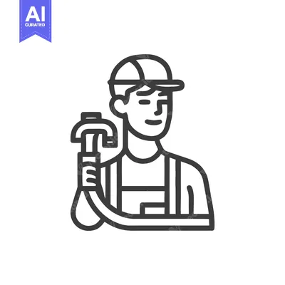 Premium design asset: Smiling Plumber or Handyman Line Art Icon Holding Pipe Wrench, Represe