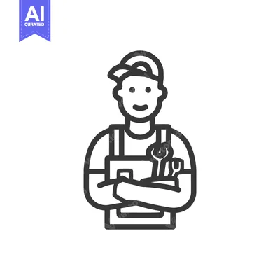 Smiling Mechanic Line Art Icon with Wrench and Screwdriver