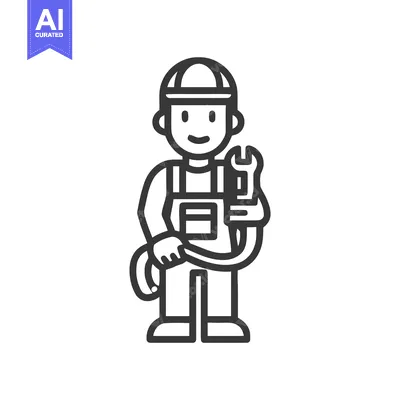 Smiling Line Art Plumber or Mechanic Icon with Wrench and Hose, Profes
