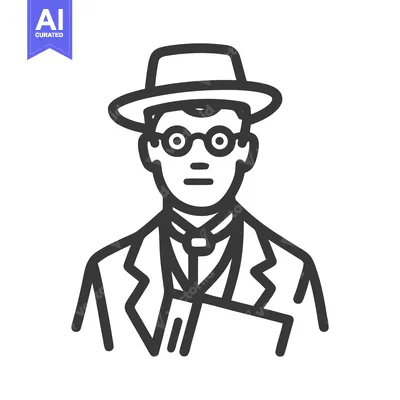 Elegant Monochrome Line Art Icon of a Man in a Fedora, Glasses, and Su