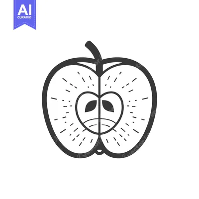 Aset premium populer: A black and white illustration of a halved apple with a heart-shaped c
