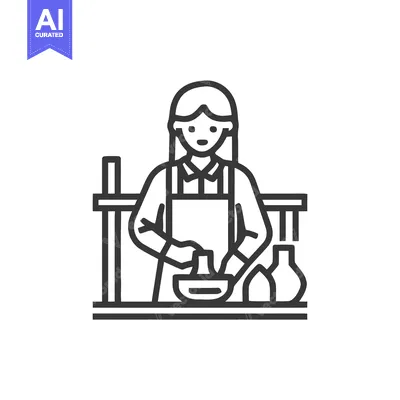 Minimalist Line Art Icon of Woman in Apron Grinding Ingredients with M