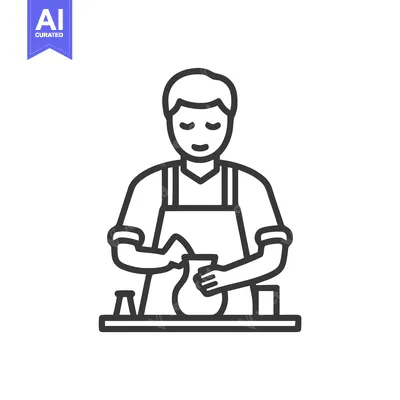 Monochrome Line Icon of Skilled Potter Crafting Clay Vessel by Hand