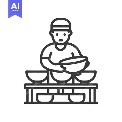Aset premium populer: Monochrome Line Art Icon of Person Arranging Bowls on Tiered Shelf, Cu