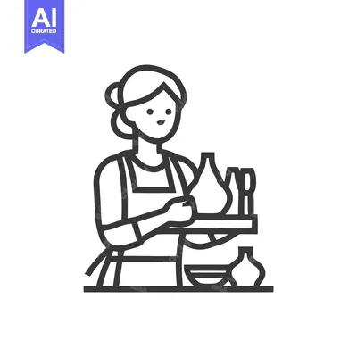 Aset desain premium: Minimalist Line Art Icon of Woman Potter Crafting Ceramics
