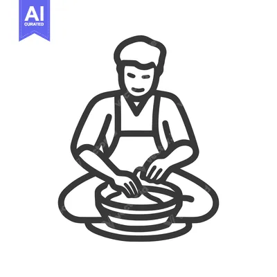 Minimalist Line Art Icon of Artisan Potter Crafting Clay on Wheel