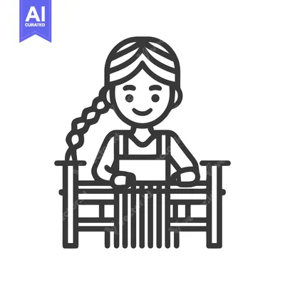 Premium design asset: Smiling Woman Weaving on Traditional Loom Line Art Icon, Craftswoman w