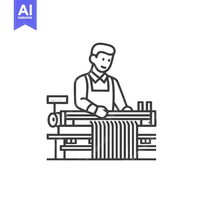 Smiling Textile Worker Operating Weaving Machine in Clean Line Art Ico