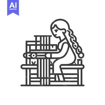 Minimalist Line Art Icon: Woman Weaving on Traditional Loom, Textile C