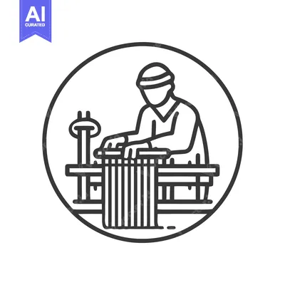 Circular Line Art Icon: Artisan Weaving Fabric on Traditional Loom