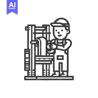 Aset desain premium: Monochrome Line Art: Smiling Worker Operating Vintage Printing Press